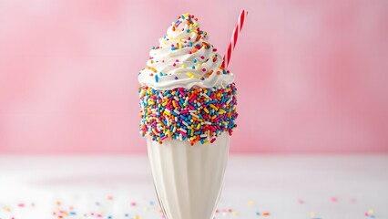 Vanilla milkshake with rainbow sprinkles, playful and colorful style