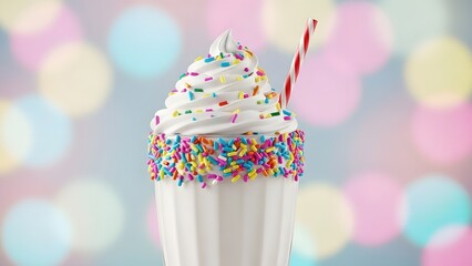 Vanilla milkshake with rainbow sprinkles, playful and colorful style