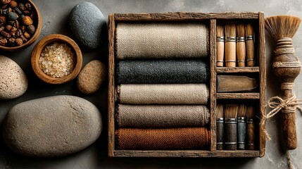 Earthy Beige Workspace, a top view showcasing an organized area with sustainable materials, handmade eco-friendly items, and ample free space for creativity and productivity.