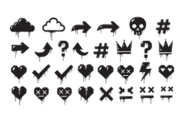 Graffiti Street Art Icon Set. Drip Effect Spray Paint Symbols, Hearts, Arrows, and Urban Elements