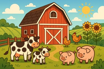 Fototapeta premium bright scene shows cows pigs and chickens near red barn on sunny day with green fields and flowers around