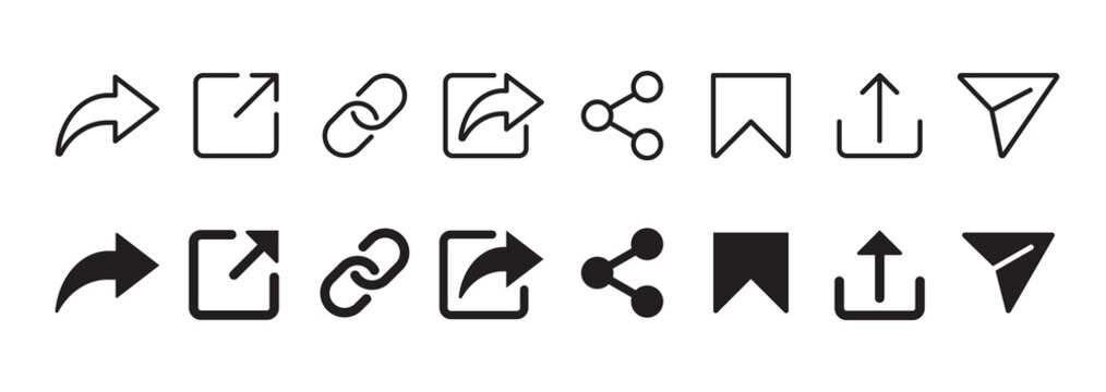 Collection of Share Link icons and Buttons for Social Media. Outline and Silhouette Icon. Arrows Symbol Share Link for Web Site Set