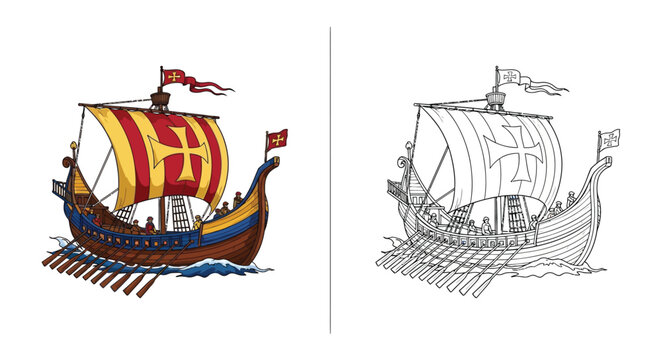Medieval Crusader Sailing Ship Illustration with Color and Graphite Sketch Comparison Graphic