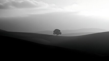 Fototapeta premium Monochrome Landscape with Single Tree on Rolling Hills Under Cloudy Sky