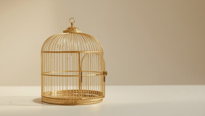 Golden birdcage on neutral table with soft warm lighting evoking calm elegance