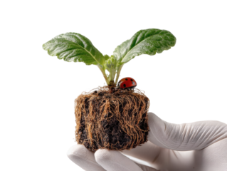 Small green plant seedling with ladybug in hand PNG