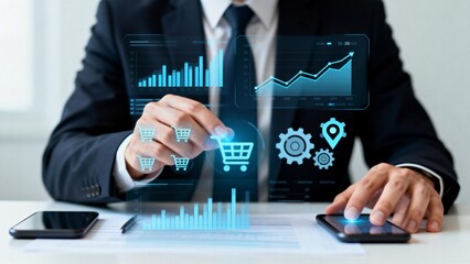 Businessman interacting with digital data and charts