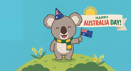 Naklejka premium Happy Australia Day cute koala cartoon holding national flag celebrating the patriotic holiday banner with sun wattle and cheerful mascot character Perfect Any Project.