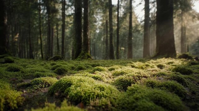 Tranquil Forest Floor Covered in Moss, Sunlit Woodland Scenery and Environment