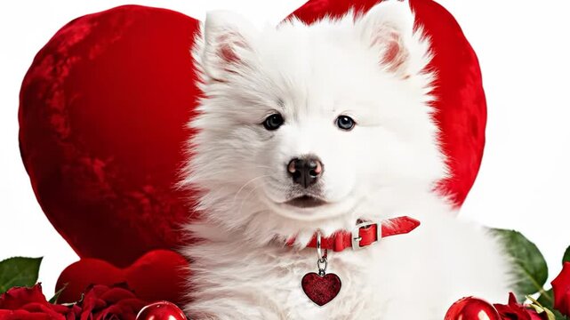 Collage of red and pink paper hearts on a textured red background with rose outline