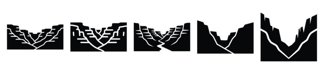 canyon valley silhouette vector icon set, black color and white background © Pallobroy