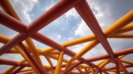 Abstract geometric pattern of intersecting red and yellow structural beams against a cloudy sky