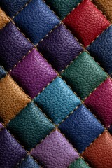 Naklejka premium Quilted leather pattern in prismatic colors luxury texture geometric diamond shapes vibrant tactile stitched closeup colorful modern stylish design