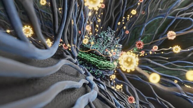 Exploring a 3D Neuron Model with Glowing Cellbody, Branching Dendrite Networks, Extending Axon and Yellow Vesicles in Dark Space &ndash; Close View
