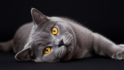Gray cat with yellow eyes lying down