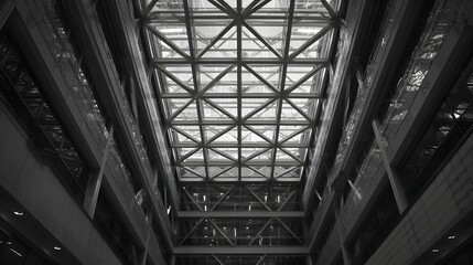 Obraz premium Modern building atrium with a geometric steel and glass roof structure
