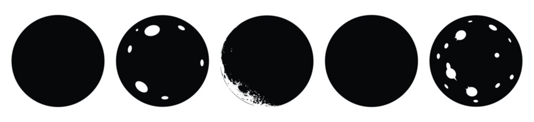 full moon silhouette vector icon set, black color and white background