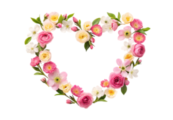 Pink and cream rose heart wreath frame, isolated on a transparent background
