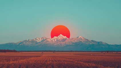 Snow capped mountain range at sunrise with orange sun and open field