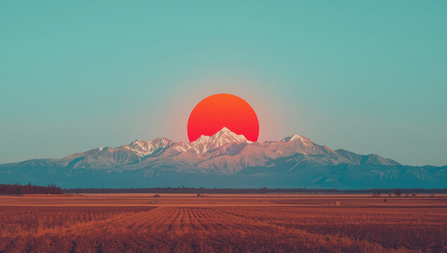Snow capped mountain range at sunrise with orange sun and open field - Powered by Adobe