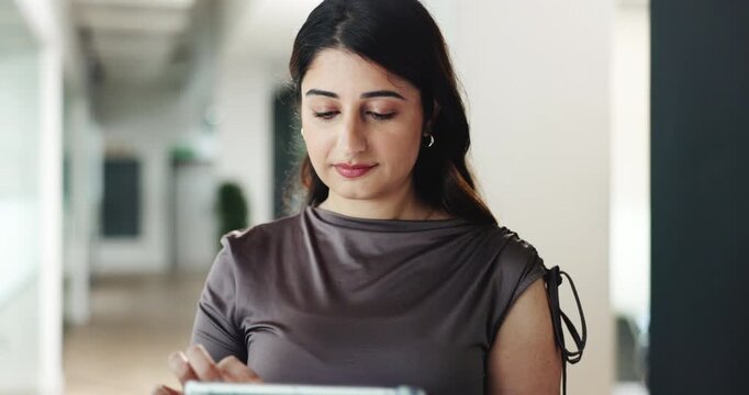 Corporate, search and tablet with business woman in office for administration or development. App, research and scrolling with Indian employee in professional workplace for agenda or schedule