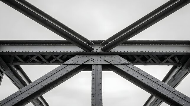 Detailed view of an industrial steel bridge s intersecting beams and intricate cross bracing captured in black and white tones