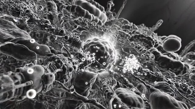 Microscopic Cellular Cluster Activity Captured in Close-up Black-and-White View, Highlighting Filament Networks and Dynamic Development