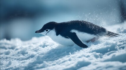 A penguin sliding on icy snow in Antarctica, playful movement