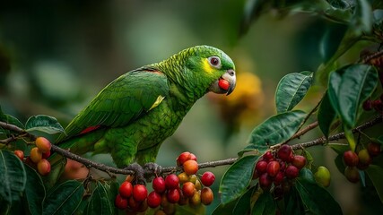 A colorful parrot eating fresh fruit on a tree branch, dense rainforest background, rich green tones, tropical wildlife