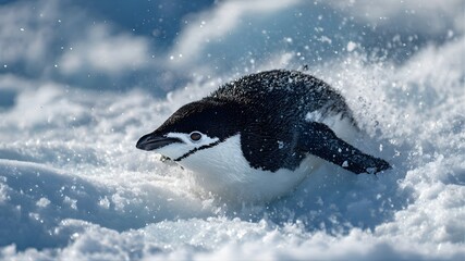 A penguin sliding on icy snow, playful movement, natural wildlife behavior