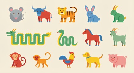 Obraz premium Asian culture twelve Chinese Zodiac animals icons flat vector illustration colorful set of twelve astrological signs and symbols Perfect Any Project.