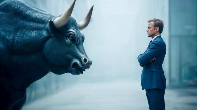 Corporate metaphor showing businessman calmly facing massive bull symbolizing financial pressure resilience courage and strategic mindset in volatile market environment