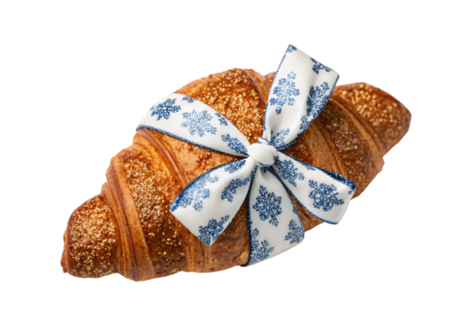 Golden croissant with blue snowflake ribbon bow decoration, isolated on a transparent background - Powered by Adobe