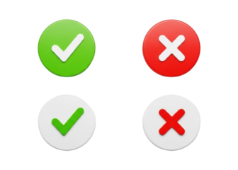 Four 3d icons displaying check marks and cross marks in green, red, white, and gray circles