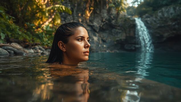 Young woman swimming in jungle pool with waterfall, serene contemplative mood - Powered by Adobe