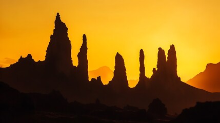 Dramatic silhouette of rock formations against a golden sunset sky background