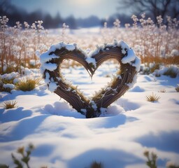 Romantic heart shape formed by melting snow, early spring flowers emerging
