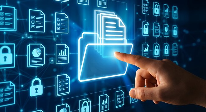 Digital file management system with hand accessing secure documents in a futuristic network structure cloud technology concept Perfect Any Project.