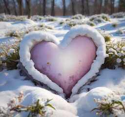 Romantic heart shape formed by melting snow, early spring flowers emerging
