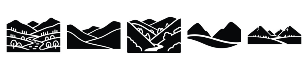 peaceful valley silhouette vector icon set, black color and white background