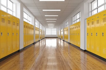 A bright school hallway featuring yellow lockers lining the walls, with polished wooden floors and ample natural light from large windows.