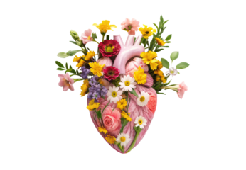 Anatomical heart covered with pink roses and yellow daisies, isolated on a transparent background