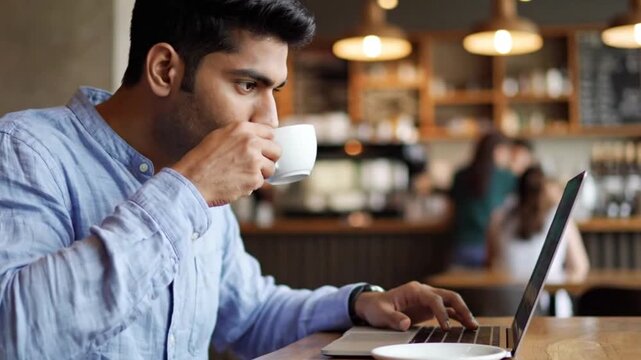 Freelancer Working on Laptop at Caf&eacute; Using Modern Technology 4K