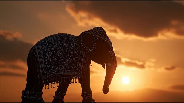 Decorated Elephant Silhouette Sunset India Festival