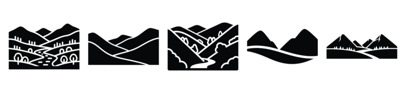 peaceful valley silhouette vector icon set, black color and white background