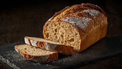 Crusty artisan loaf sliced on slate board with flour dusting, warm rustic texture