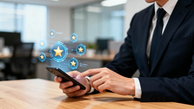 Businessman using smartphone with digital interface - Powered by Adobe