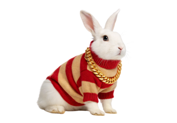 White rabbit wearing red striped sweater and gold chain, isolated on a transparent background