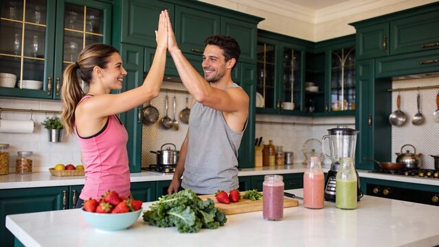 Couple celebrating in kitchen with healthy food - Powered by Adobe