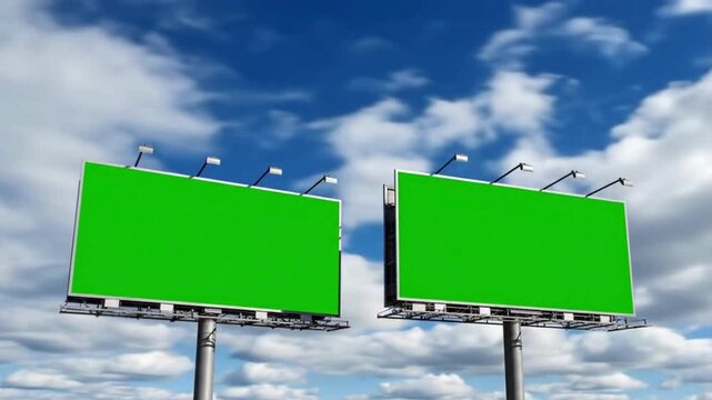 Two large empty green screen billboards against a bright blue sky with white clouds, ready for advertising content.